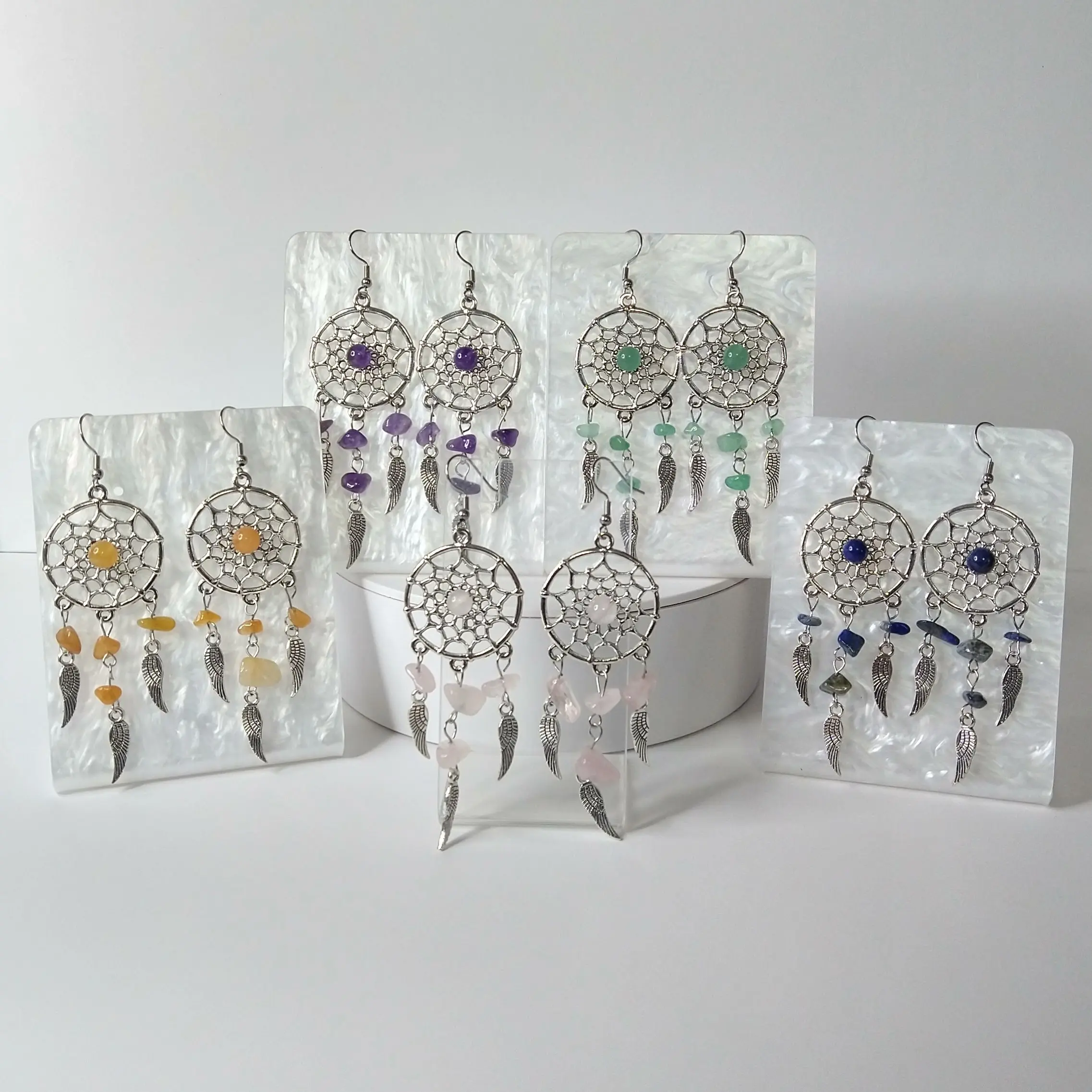 #596 Various Colors Dreamcatcher with Feathers & Beads Earrings, Casual Jewelry, Spiritual, Alloy, Stainless Steel Hooks