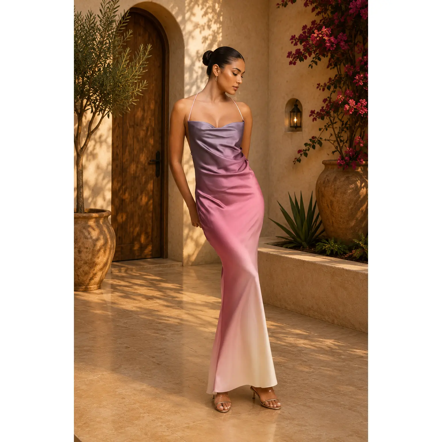 Rosé Aurora Dress - Floor-Length Ombre Satin Gown with Spaghetti Strap & Open Back for Summer Evening & Formal Events