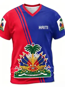 Men's Haiti Football Jersey, Comfortable Round Neck Sports Shirt with Ethnic Pattern, Slim Fit, All-Season Training Wear