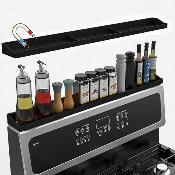 Strong Magnetic Spice Rack Organizer for Stove, Heat Resistant Kitchen Shelf, Over Oven Storage Solution, Black Non-Slip Silicone Holder, Space-Saving Countertop Accessory