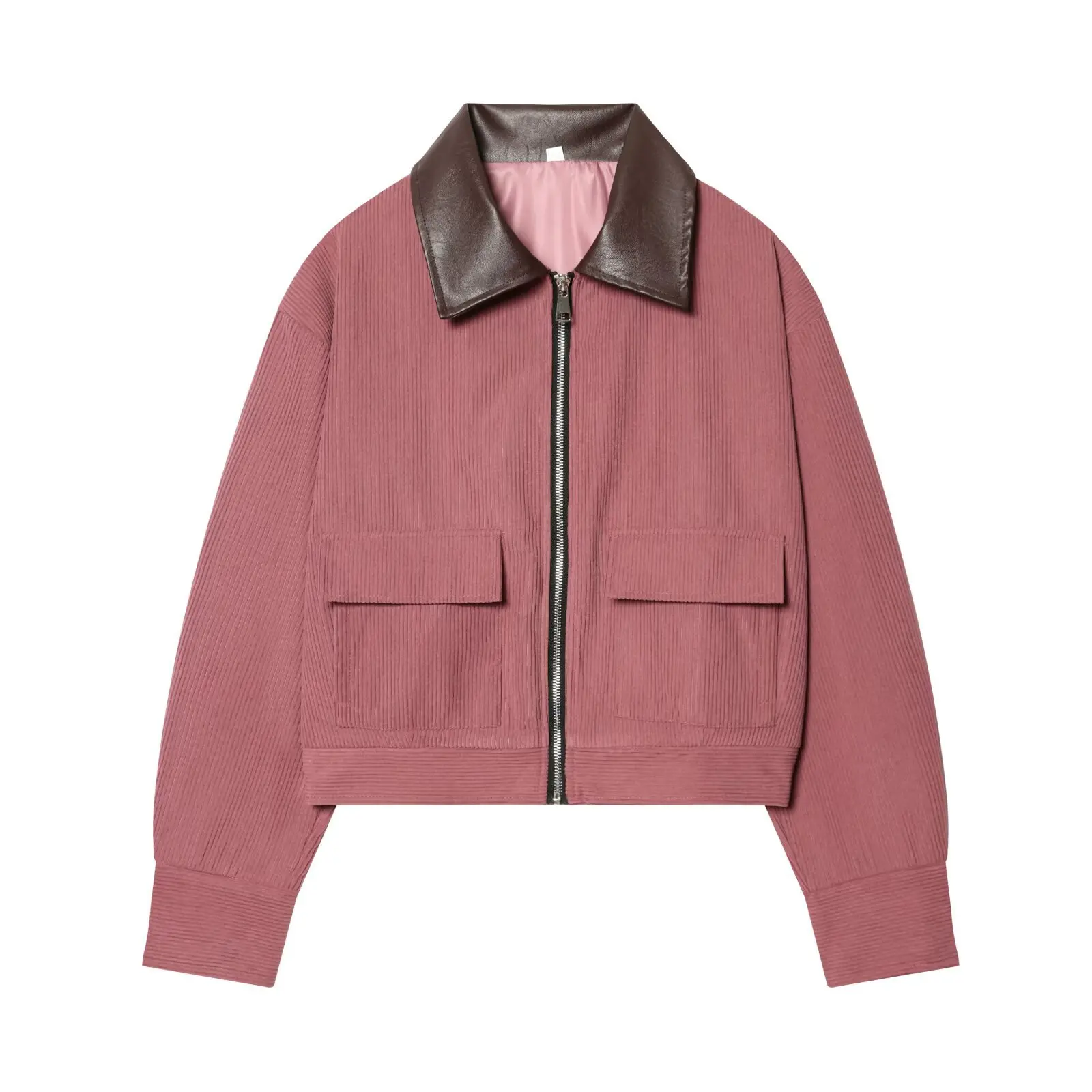 Arssm Womens Cropped Corduroy Jackets Contrast Collar Zip Up Long Sleeve Bomber Jacket