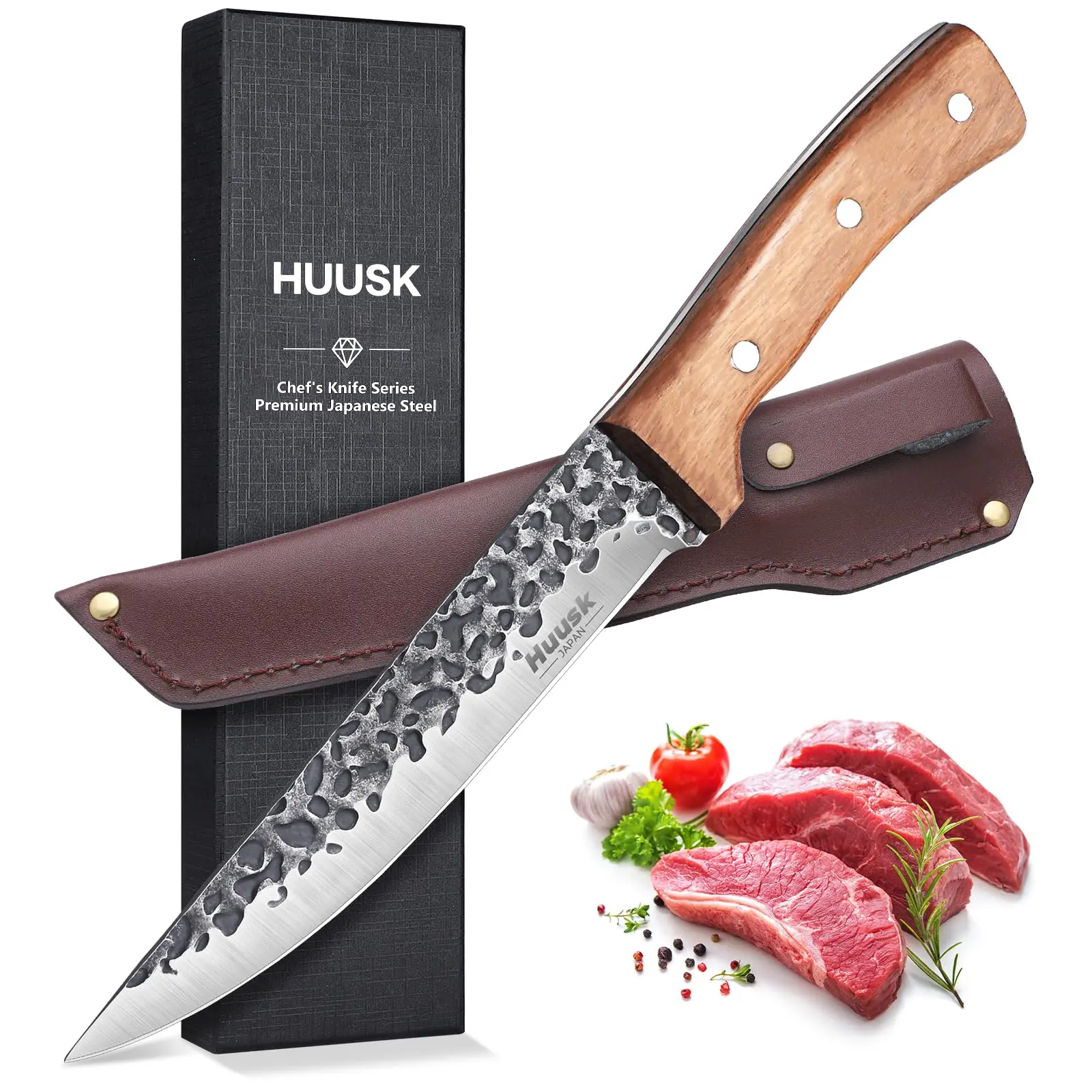 Huusk Boning Knives –  Knife for Meat Cutting & Brisket Trimming, Viking Knife with Sheath, Steel Blade Kitchen Utility Knife