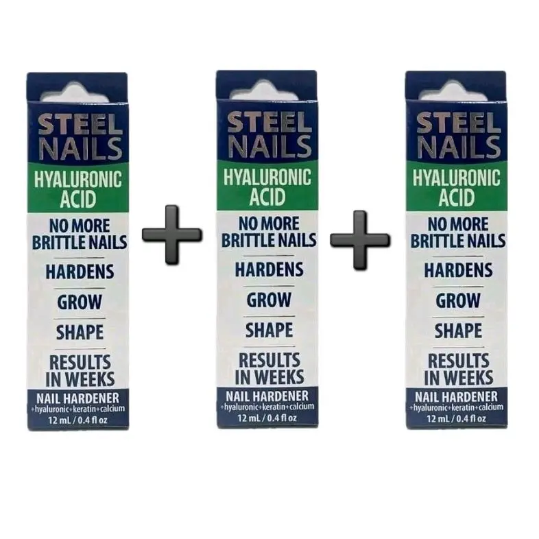 3-Pack Steel Nails Nail Hardener 12ml Each with Hyaluronic Acid, Calcium, Keratin & Garlic for Stronger Softer Nails – Uñas de Acero Manicure Treatment