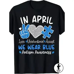 Autism Awareness April Wear Blue TShirt Heavyweight Cotton Puzzle Piece Peace Sign Design Casual Autism Shirt for Men Women and Kids