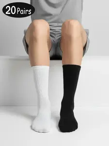 20 Pairs Plain High-Top Socks, Polyester Athletic Socks, Anti-Odor Business Sports Sweat-Wicking Comfort, Casual All Seasons Footwear