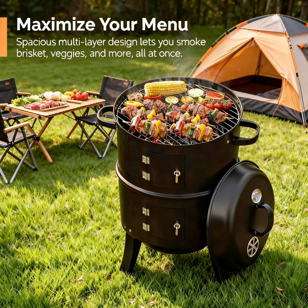 Iron 3-in-1 Outdoor Upright Charcoal Smoker-Grill with Thermometer, 2 Access Doors & Temperature Control, Ideal for Backyard & Camping, Black, Father's Day Gift, Roasting