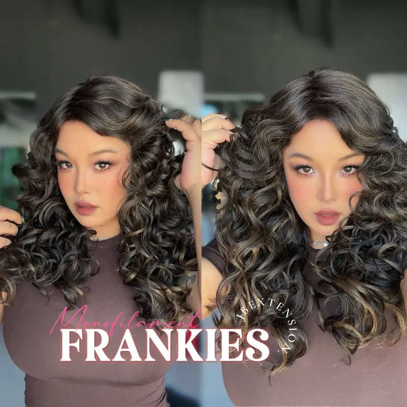 JBEXTENSION FRANKIES MONO Monofilament Handmade Wig 6X5 Full Monofilament Hand Tied Top Wig 19 Inches Dark Brown Highlight Curly Mono Lace Handmade Futura Fiber Glueless BS Wig FRANKIES MONO【BENDY EAR TABS】