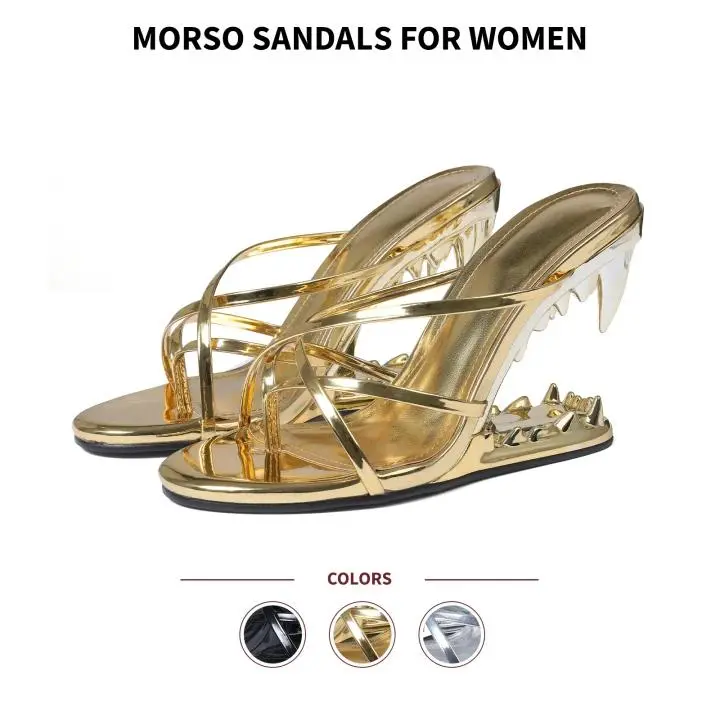 Morso Sandals For Women Open Toe Tiger Teeth Shark Heel Slip On Strappy Comfortable Trendy Fashion Dress Casual Outings Work Wedding  Vacation Party Summer Heels