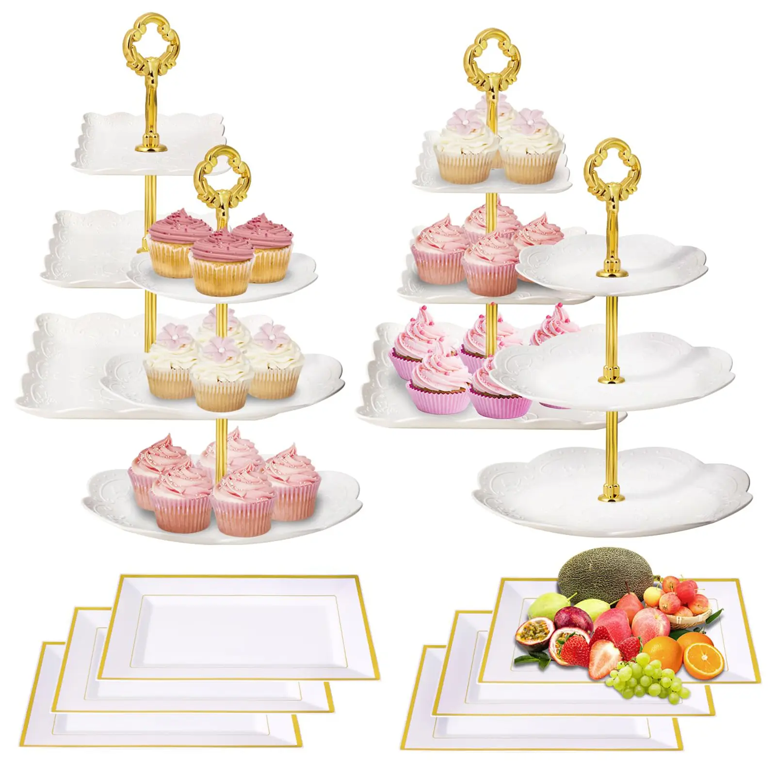 10Pcs Plastic Dessert Table Cake Stand Set Gorgeous 4Pcs 3-Tier Cupcake Stand Cookie Rack Serving Tray Cake Display Tower 6Pcs Dessert Trays for Party Organiser Rectangle