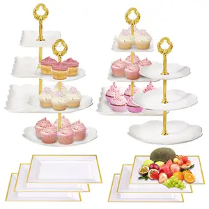 Black Friday 10Pcs Plastic Dessert Table Stand Set 4Pcs 3-Tier Cupcake Stand Cookie Rack Serving Tray Cake Display Tower 6Pcs Dessert Trays for Party Organiser Rectangle