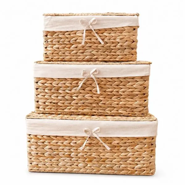 3 Pack Handwoven Wicker Storage Baskets with Lids & Liners – Decorative Nesting Organizer Bins for Closet, Bathroom, Bedroom & Shelves