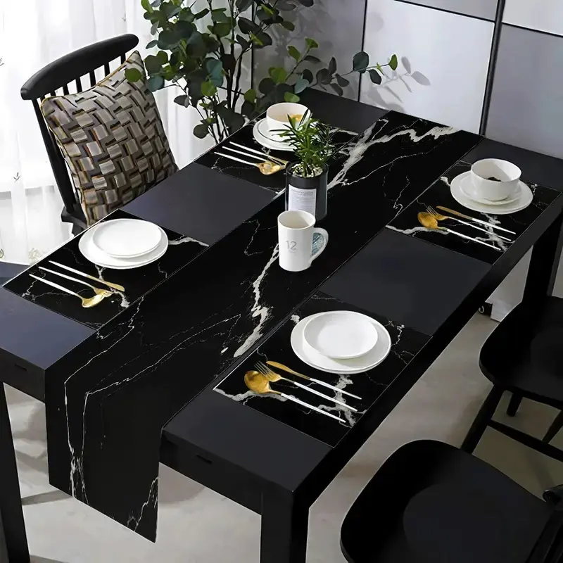 1/5/7 piece white striped marble pattern table flag+placemat set, Kitchen Decorative Placemat, Household Placemat, Table Decor, Rectangle, Aesthetic, suitable for kitchen, dining room, living room, wedding, home
