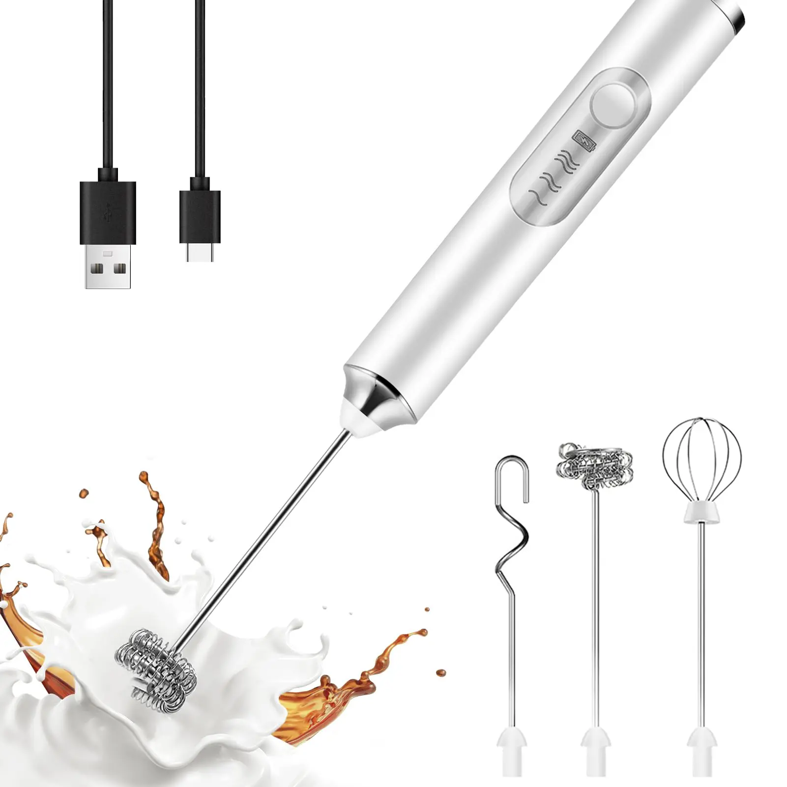 Rechargeable Milk Frother, Handheld Electric Foam Maker Waterproof Detachable Stainless Steel Whisk Drink Mixer Foamer for Lattes, Cappuccino