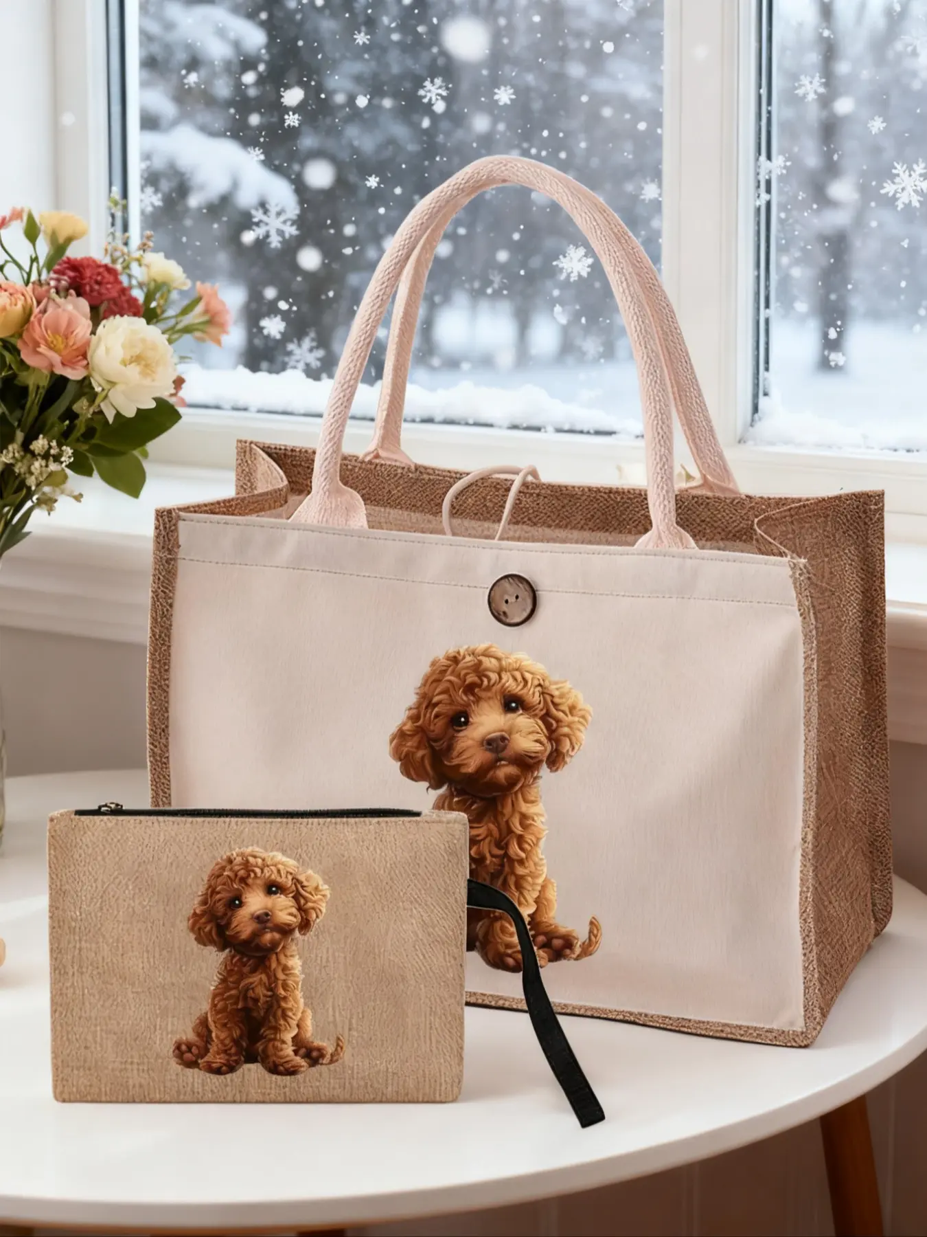 Women's Linen Handbag & Cosmetics Bags, Cute Cartoon Teddy Poodle Pattern, Casual Style, Large Capacity, Multifunctional Storage