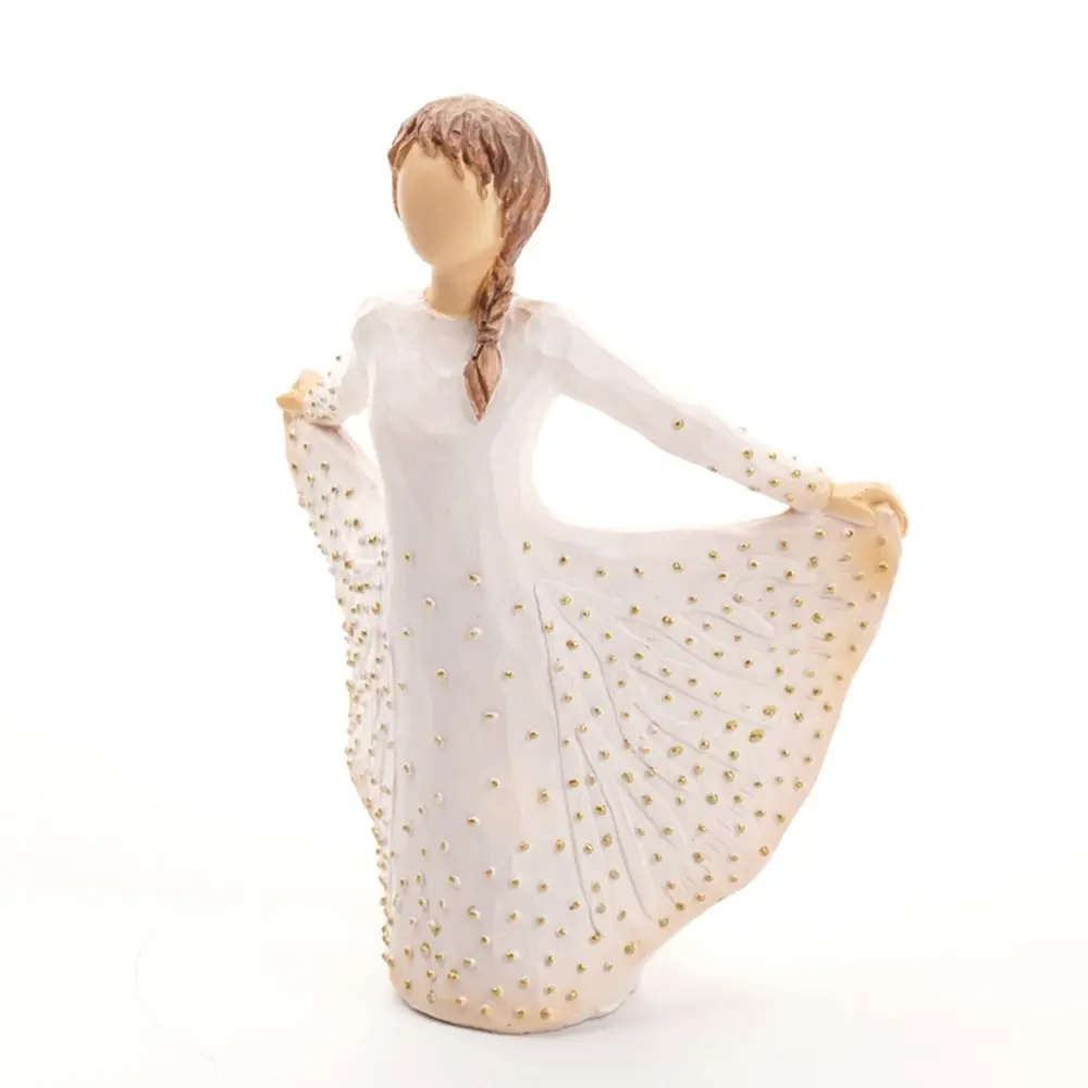 1Pcs Resin Dancing Girl Figurine, Willow Tree Style "Joyful Skirt Lifting" Sculpture, White Dress with Gold Dot Detail, Inspirational Home Decor Ornament, Ideal Gift for Birthday, Bridesmaid & Women’s Day