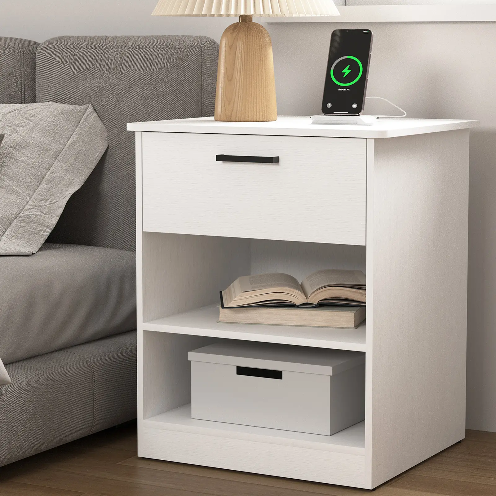 Spaco Modern Wooden Nightstand - Assembled Durable Large Rectangular Bedside Table with Drawers, 2 Open Shelves, Dual Device Charging Ports, Cable Management System, Compact Size Wood Accent Table for Home Decor