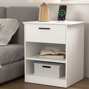 Spaco Modern Rectangular Large Nightstand with Drawers - 2 Open Shelves, Built-in Charging Ports, Wood Modern Accent Table for Bedroom, Home Decor