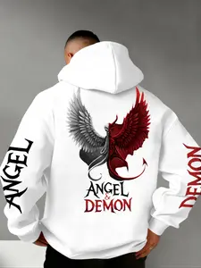 Men's Demon & Angel Print Hoodie, Warm and Comfortable Goth Sweatshirt for Fall & Winter, Soft Cotton Fabric, Casual Wear, Suitable for Wearing Alone or Layering, Graphic Hoodies, Gothic Style Hoodie, Hooded Sweatshirts