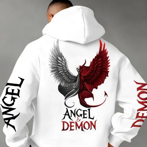 Men's Demon & Angel Print Hoodie, Warm and Comfortable Goth Sweatshirt for Fall & Winter, Soft Cotton Fabric, Casual Wear, Suitable for Wearing Alone or Layering, Graphic Hoodies, Gothic Printed Hoodie, Gothic Style Hoodie, Hooded Sweatshirts