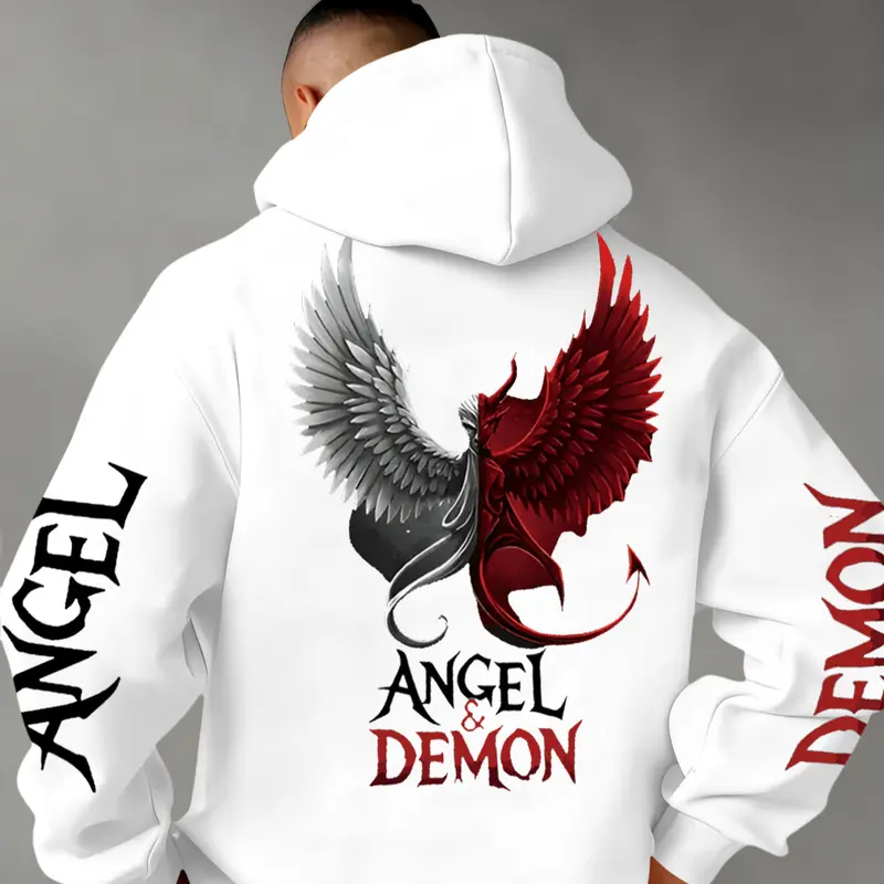Men's Demon & Angel Print Hoodie, Warm and Comfortable Goth Sweatshirt for Fall & Winter, Soft Cotton Fabric, Casual Wear, Suitable for Wearing Alone or Layering, Graphic Hoodies, Gothic Printed Hoodie, Gothic Style Hoodie, Hooded Sweatshirts