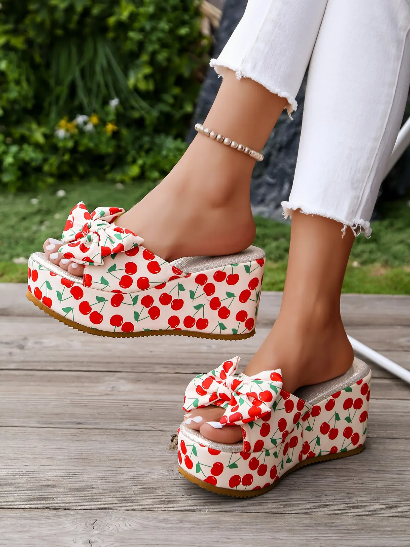 Women's Thick Sole Cherry Bow Sandals, 9cm Heel Summer Fashion, Breathable High Heels, Comfortable All-Day Wear, Back-To-School, Valentine's Day, Wedding Season, Elegant, Fashionable Party Holiday Shoes
