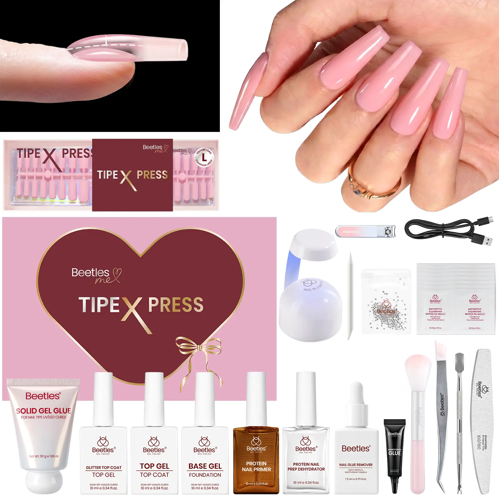 【Exclusive to TikTok-Live Only】Beetles TIPEX Press Pre Designed Press On Nails Tips Kit, with Prep Kit and Remover Pink Nude Long Square Coffin Shape Natural Acrylic Nail Tips Effortless Beauty & DIY Manicures - mothersdaygift Summer Nail  #SummerVibes