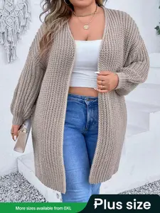 Plus Size Casual V Neck Lantern Sleeve Cardigan Sweater Coat, Moderate Thickness Knit Outerwear for Spring & Fall Fashion