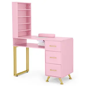 Sturdy Pink Manicure Table with Dust Collector Nail Desk with Nail Arm Rest Open Shelves Leather Padded Walls for Nail Techs