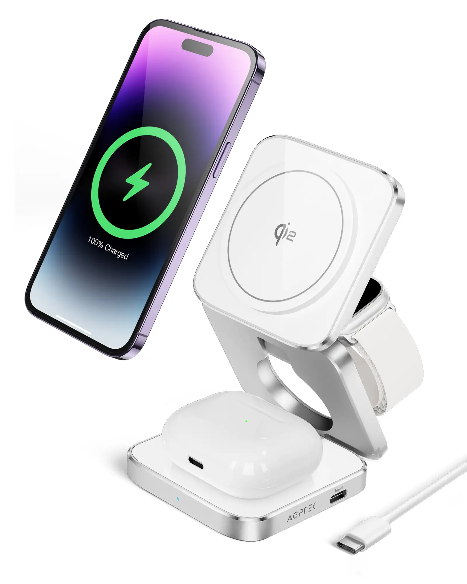 AGPTEK Magnetic Wireless Charger, 3-in-1 Foldable Charging Station, Mag -Safe qi2 Fast Charger Compatible with iPhone 16, 15, 14, 13, 12 Pro/Pro Max/M