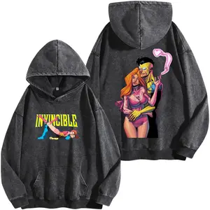 Invincible Mark Grayson X Atom Eve Comic Washed Hoodie Superhero Action Animation Y2K Aesthetic Double Printed Graphic Vintage Wash T-Shirt