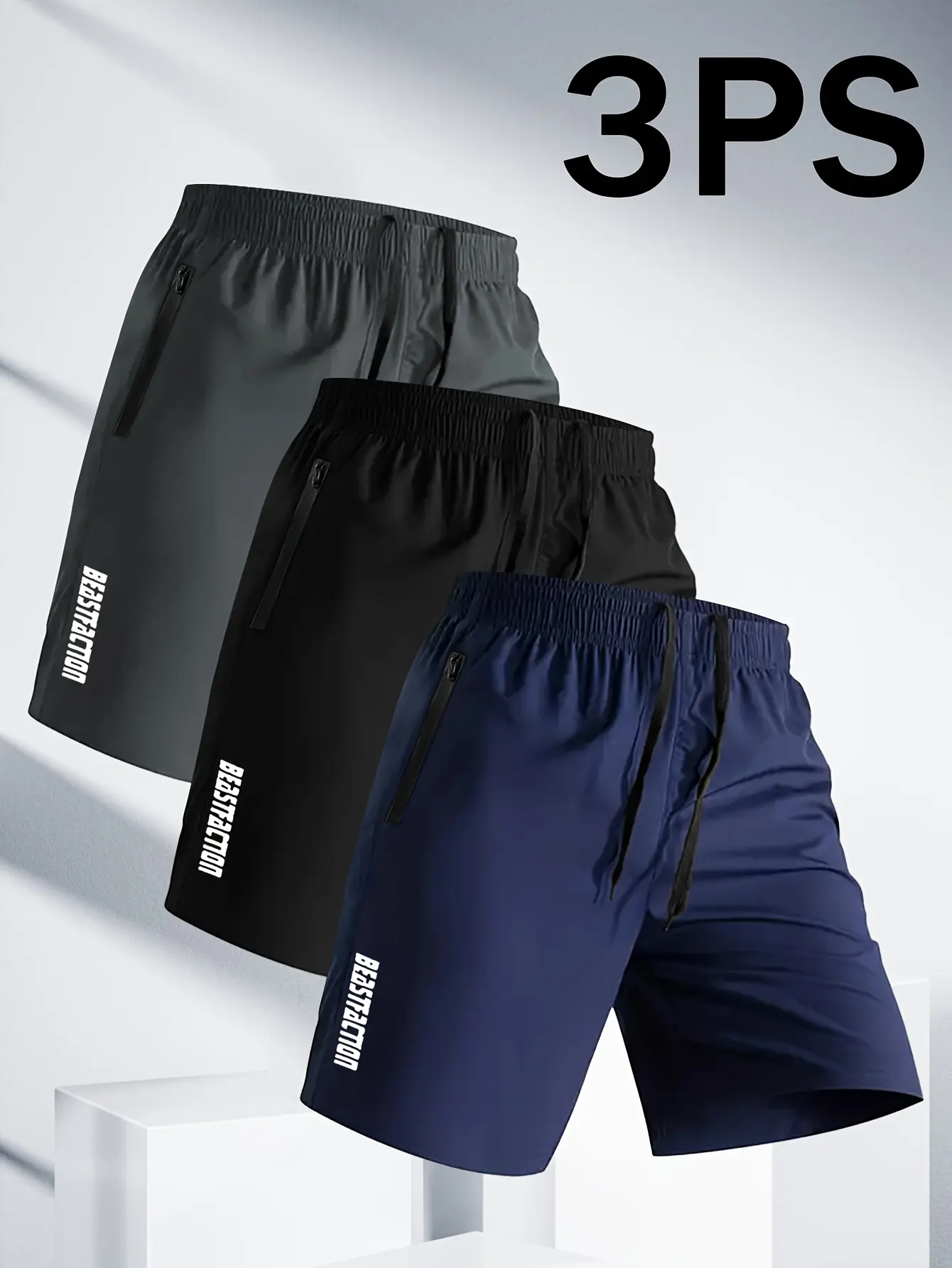 Men’s 3-pack casual minimalist shorts—comfortable, quick-drying, with letter print, pockets, and drawstring; suitable for summer outdoor fitness; slightly stretchy waist with a zipper pocket; ideal for gym workouts in summer.