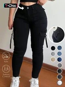 Women's Plain Multi-pocket Denim Slim Fit Cargo Pants, Casual Street Trousers for Everyday Wear, Ladies' Bottoms for All Seasons, Jeans