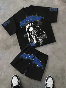 Streetwear Graphic Print Set, Adhesive Embellished Tee & Matching Shorts, Loose Fit Unisex Summer Casual Two-Piece Outfit
