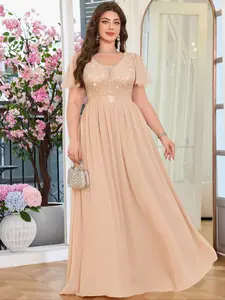 MISSMAY P54385A Plus Curvy Deep V-Neck Sequin Lace Ruffle Short Mesh Sleeve Contrast Chiffon Elegant Formal Party Long Dress