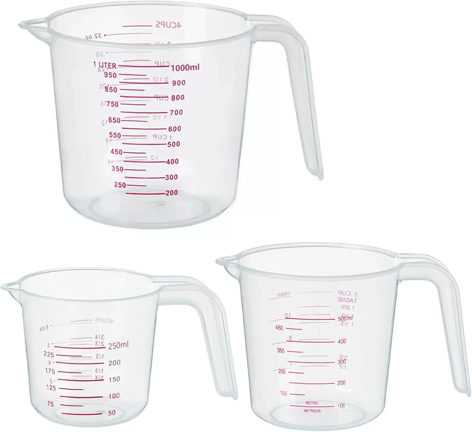 3 Pack Measuring Cups, 250ml (1-Cup), 500ml (2-Cup) &1000ml (4-Cup) | Plastic Liquid Measuring Cups - Clear Markings for Baking, Cooking, Mixing, Oil & Water Measurement - Essential Kitchen Tools