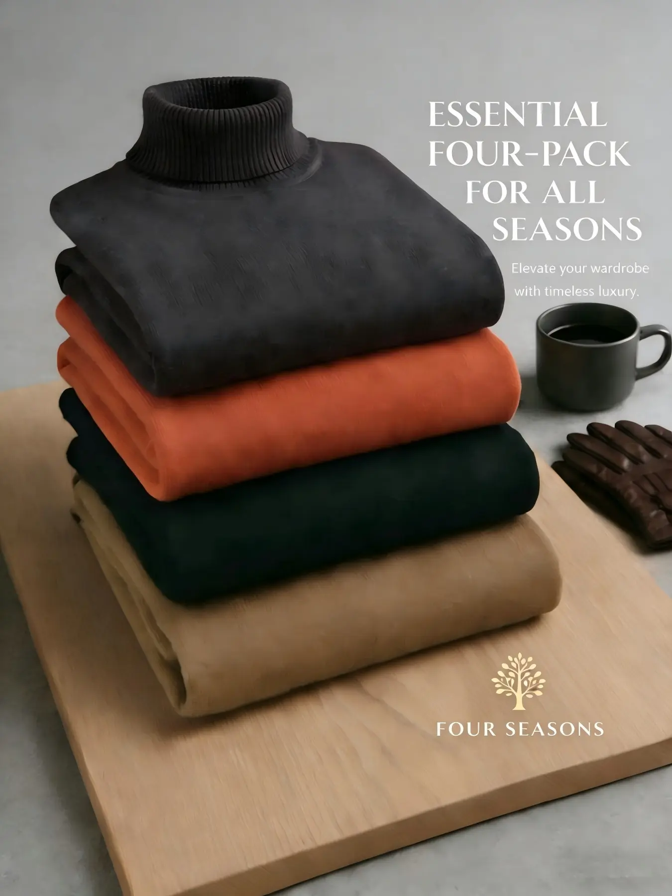 Men's 4-Pack Classic Turtleneck Sweaters, Soft Ribbed Knit Slim Fit, Anti-Pilling Long Sleeve Tops, Ideal for Office Commute and Fall/winter Casual Basic Knitwear