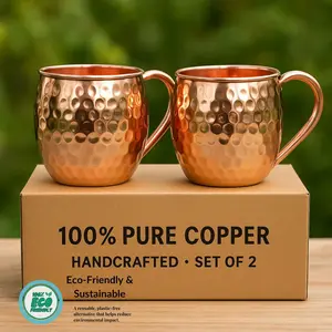 Reusable Washable 2-Piece Hammered Handmade Pure Copper Moscow Mule Cups, Classic Stylish Kitchen Drinkware for Beverages, Reuse