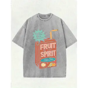 Men'Swashed Cotton T-Shirt- Vintage Washed Street Style Christian Fruit Pattern Print, Loose Round Neck Short Sleeve Summer Casual Wear, Comfortable Pullover for Daily Wear, Fun Design, Soft Fabric