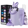 Insulated Sports Water Bottle - 32/40/64/87/128 oz Crossbody Hydration Tumbler, Wide Mouth, Carrying Sleeve, Paracord Handle, Straw Spout Lid, Seals Shut No Drips, 24 Hrs Keep-Warm, Durable Metal Jug, Straw Brush, Purple Flask for Gym, Hikes