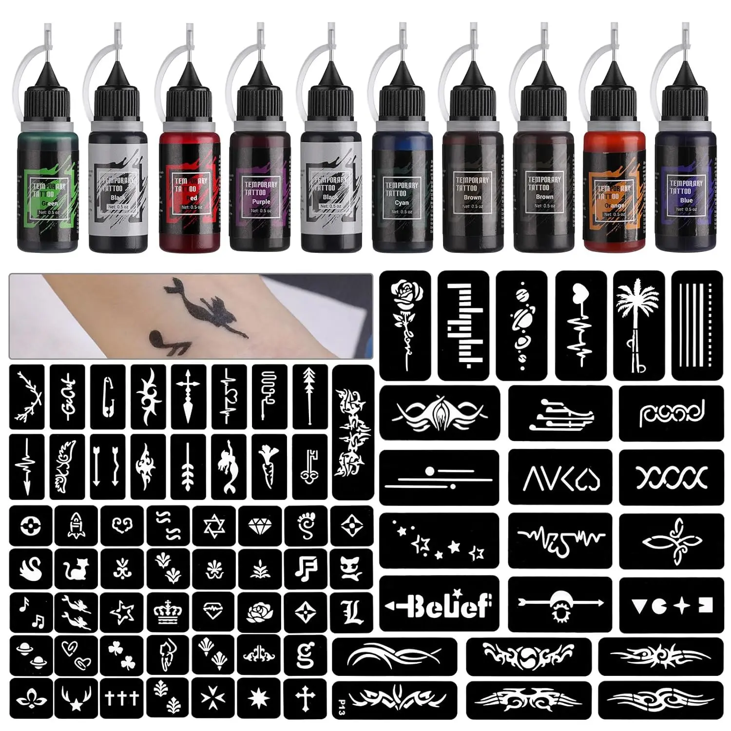 Temporary Tattoo Kit 10 Bottles Color Inks, 84 Pcs Stencils Kit for Body Paint DIY Tattoos Temp, 8Colors DIY Fake Tattoo for Women Kids