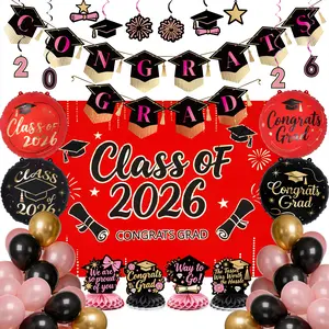 Graduation Decorations Class of 2026 Grad Party Supplies Set with Congrats Grad Red Backdrop Banner Hanging Swirls Foil Latex Balloons Graduation Cap Centerpieces Party Decoration Black Red Gold 40pcs