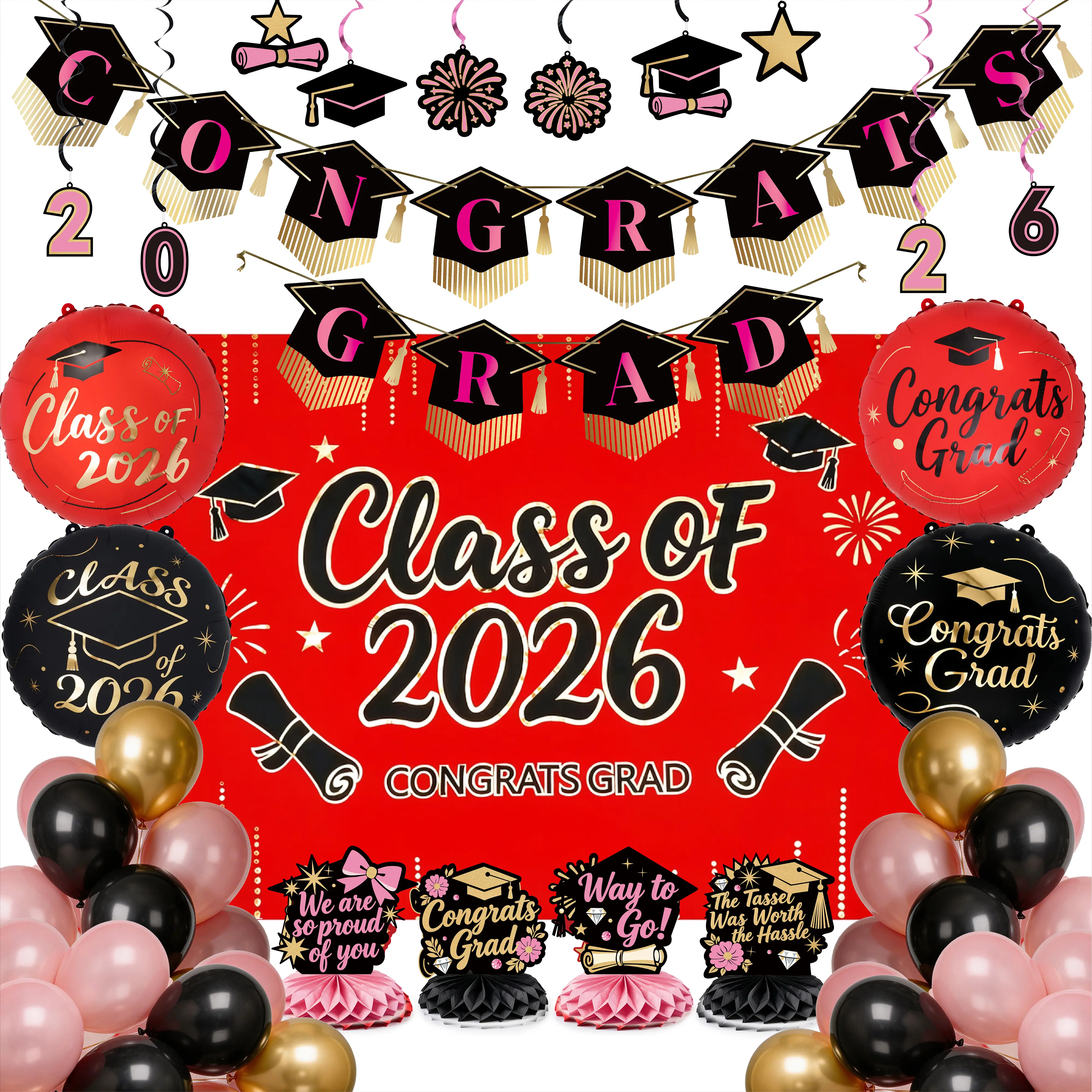Graduation Decorations Class of 2026 Grad Party Supplies Set with Congrats Grad Red Backdrop Banner Hanging Swirls Foil Latex Balloons Graduation Cap Centerpieces Party Decoration Black Red Gold 40pcs