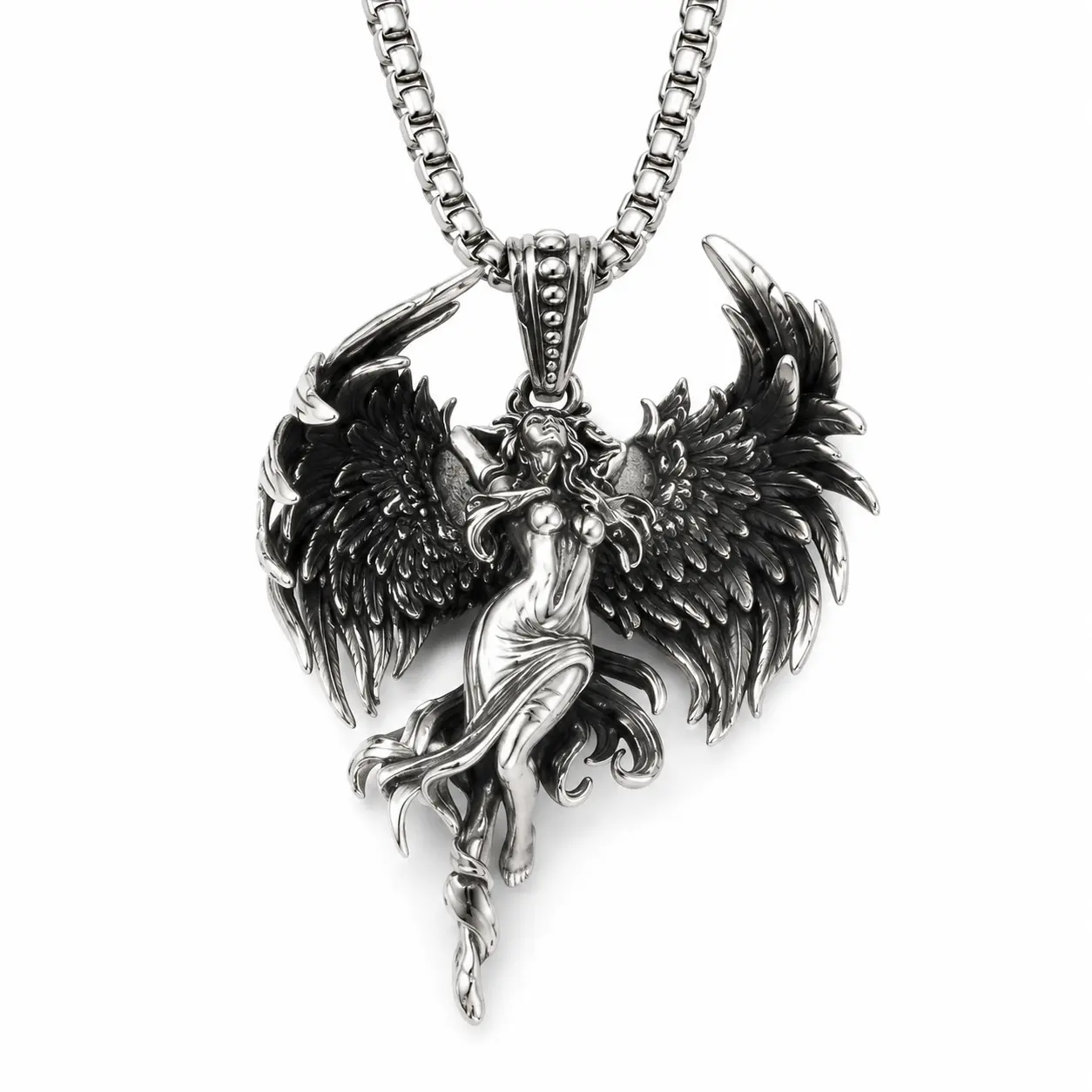 Antique Fallen Angel Wing Pendant Necklace For Men Women, Copper Plated Silver 3D Sculpted Gothic Angel Charm Punk Biker Jewelry Gift