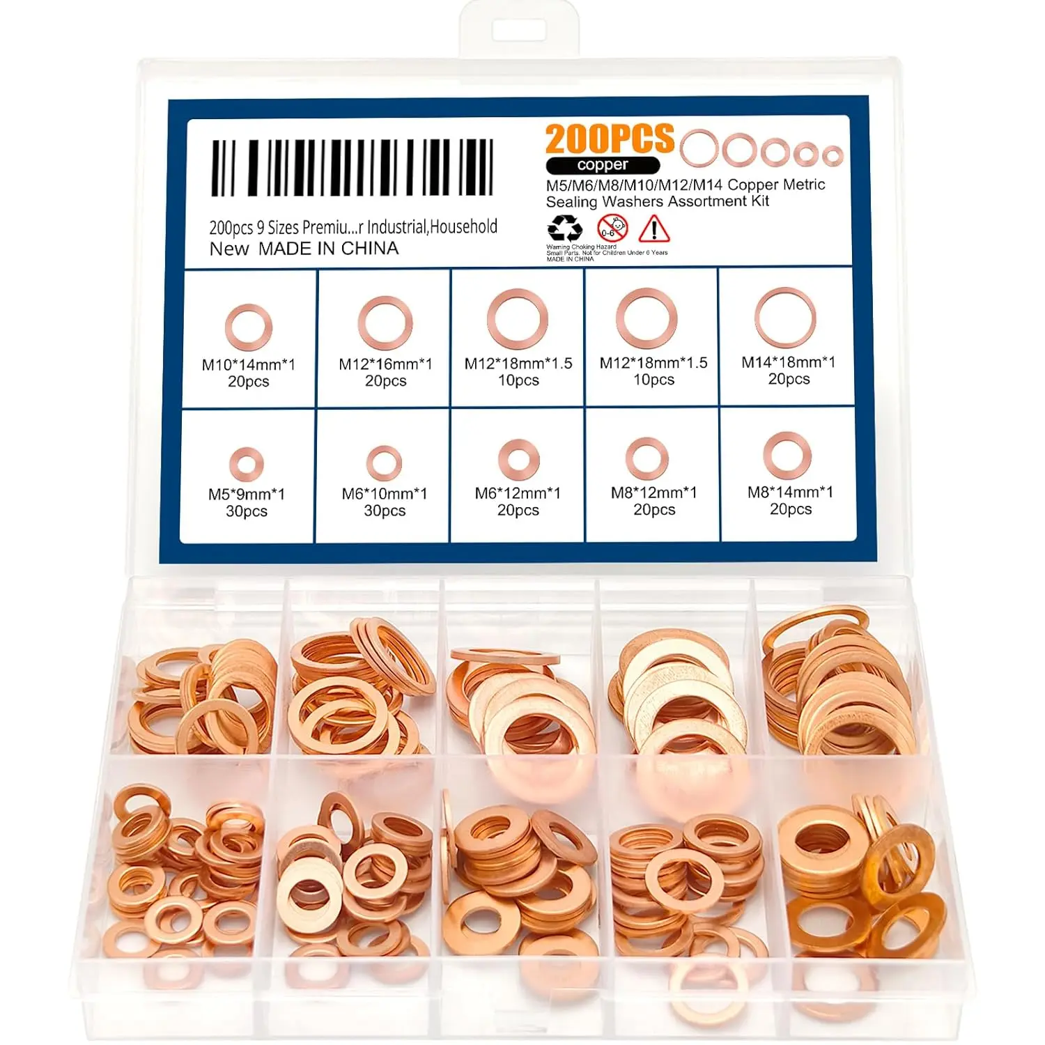 200 count 9 Sizes  Copper Metric Sealing Crush Washers Assortment Kit,Flat Sealing Washer M5 M6 M8 M10 M12 M14,Flat Ring Sump Plug Oil Seal Gasket Sealing Fitting Washers for Industrial,Household