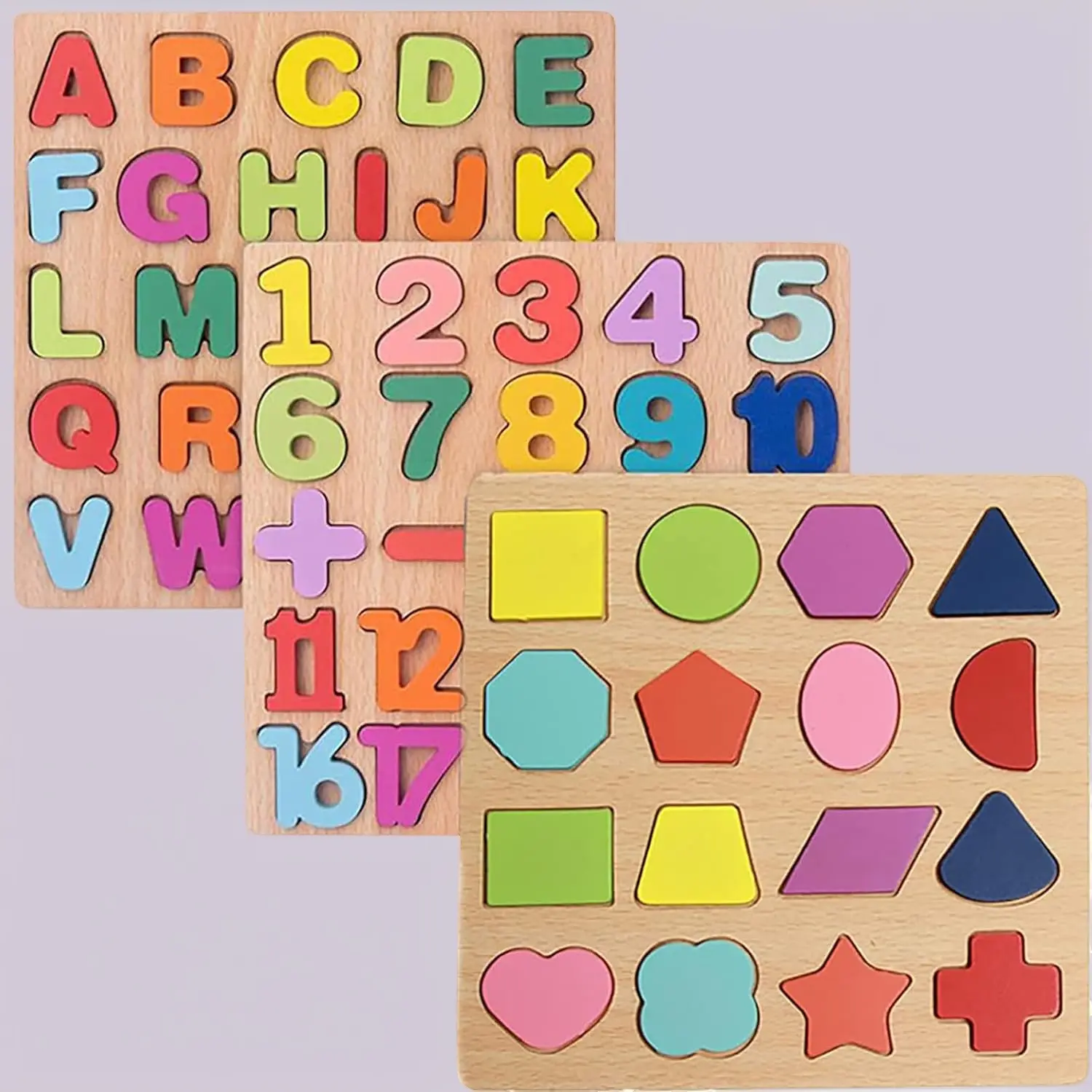 3-Pack Wooden Peg Puzzles for Toddlers - Alphabet, Numbers & Shapes ...