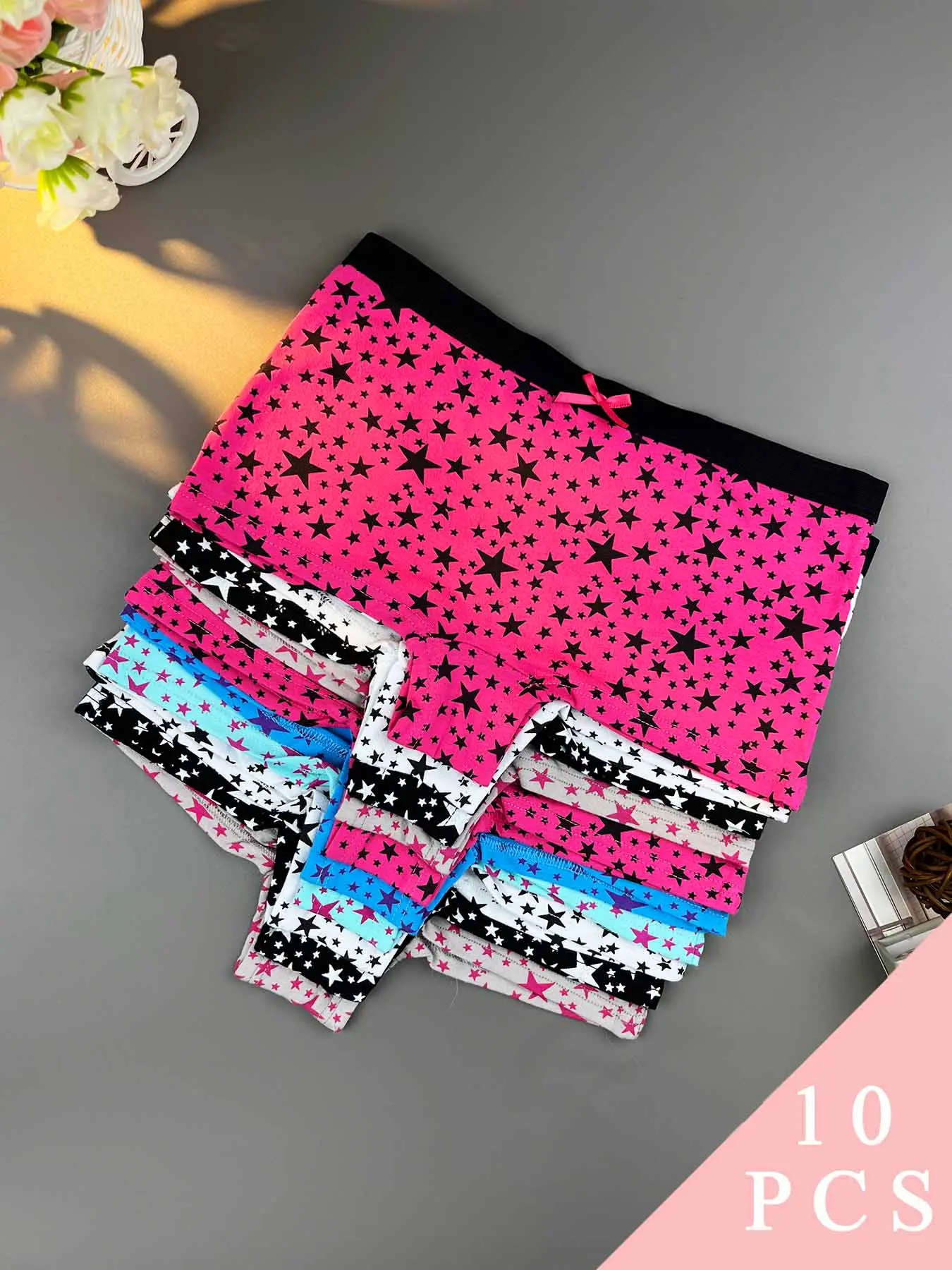 Women's Cotton Boyshorts, 10-Pack Star & Letter Print Briefs, Comfortable Breathable Underwear for a Perfect Fit