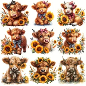 9Pcs Highland Cow Iron on Transfers Cute Cow Pattern Flower Decals Easy Heat Press for T Shirts Jeans Bags Hats Washable PET Film Farmhouse Birthday Party Decor Animal Lover Gift DIY Clothing