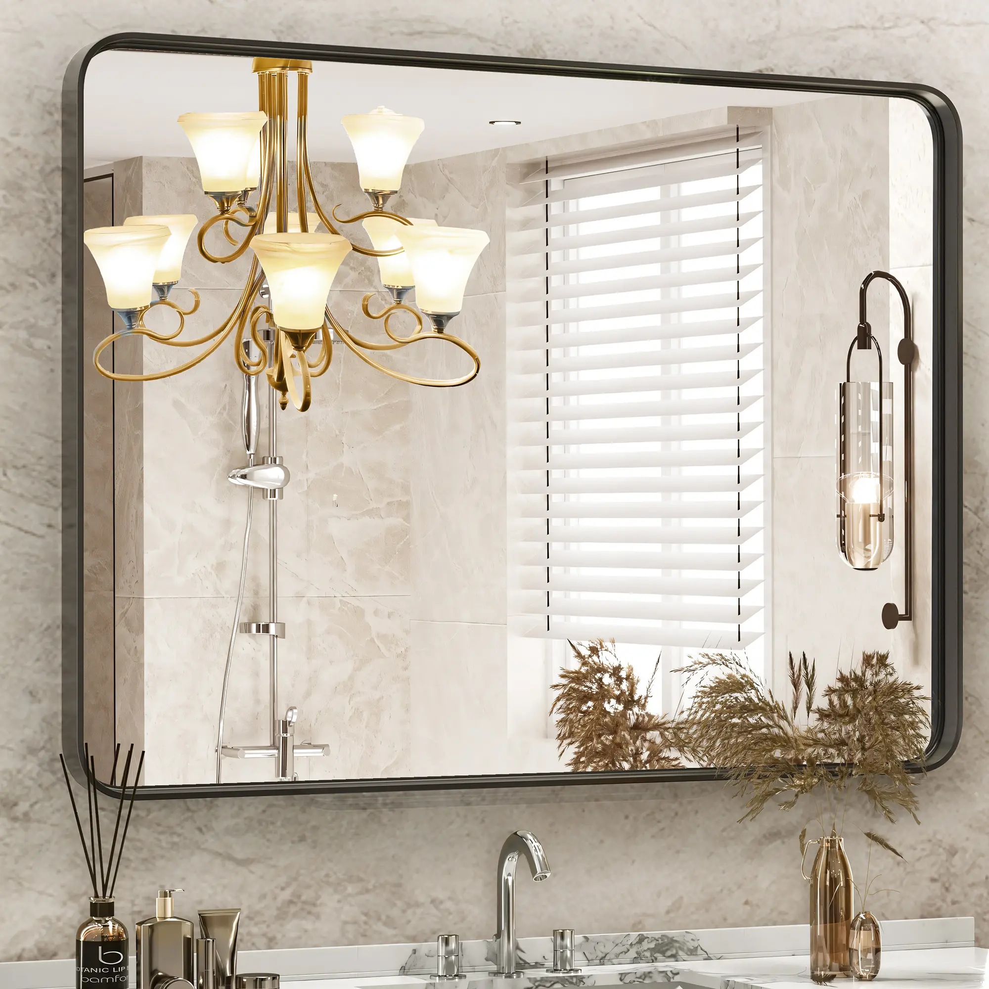 Modern Glass Bathroom Mirror - Black Metal Anti-Rust Framed Rounded Corner Rectangle, Large Wall-Mounted Waterproof Home Improvement Fixture, Modern Bathroom Mirrors, Glass Bathroom Mirrors