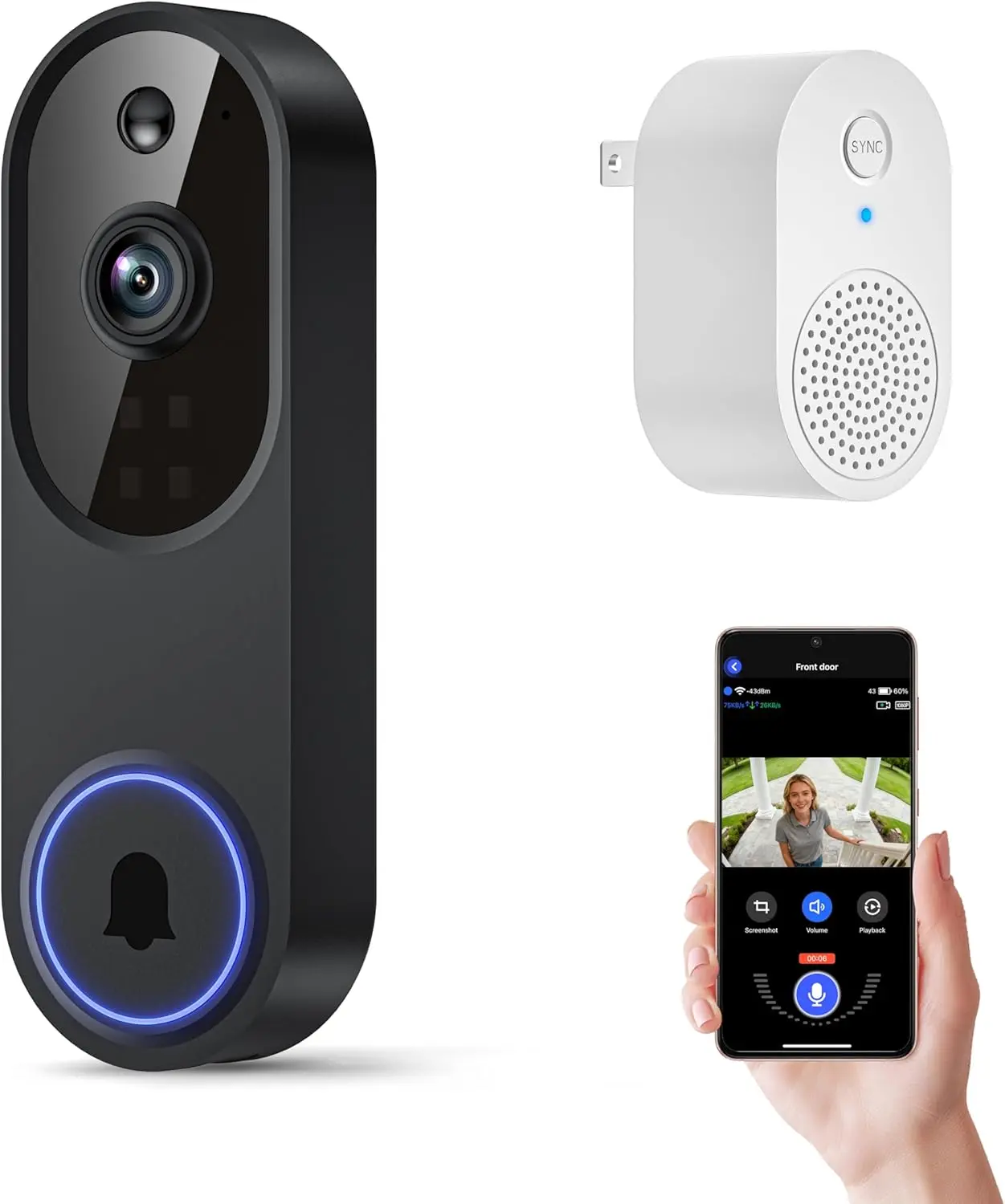 1080p Wireless Wi-Fi Video Doorbell Camera with Two Way Audio, Night Vision, Cloud Storage, Smart AI Motion Detection, Support 2.4GHz Wi-Fi only