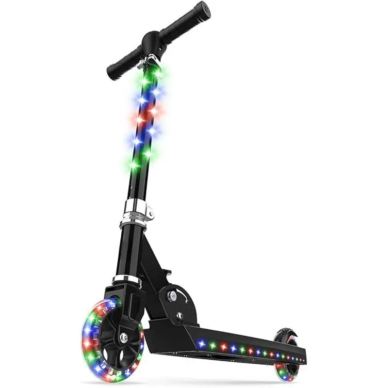 Kids 2-Wheel Light-Up Kick Scooter, LED Lights on Handlebar, Stem, Wheels & Deck, Adjustable Handlebar, Rear Brake, Easy-Folding Mechanism, Ages 5+, Glowing Led Wheels Scooters, Handlebar With Led Light Scooters
